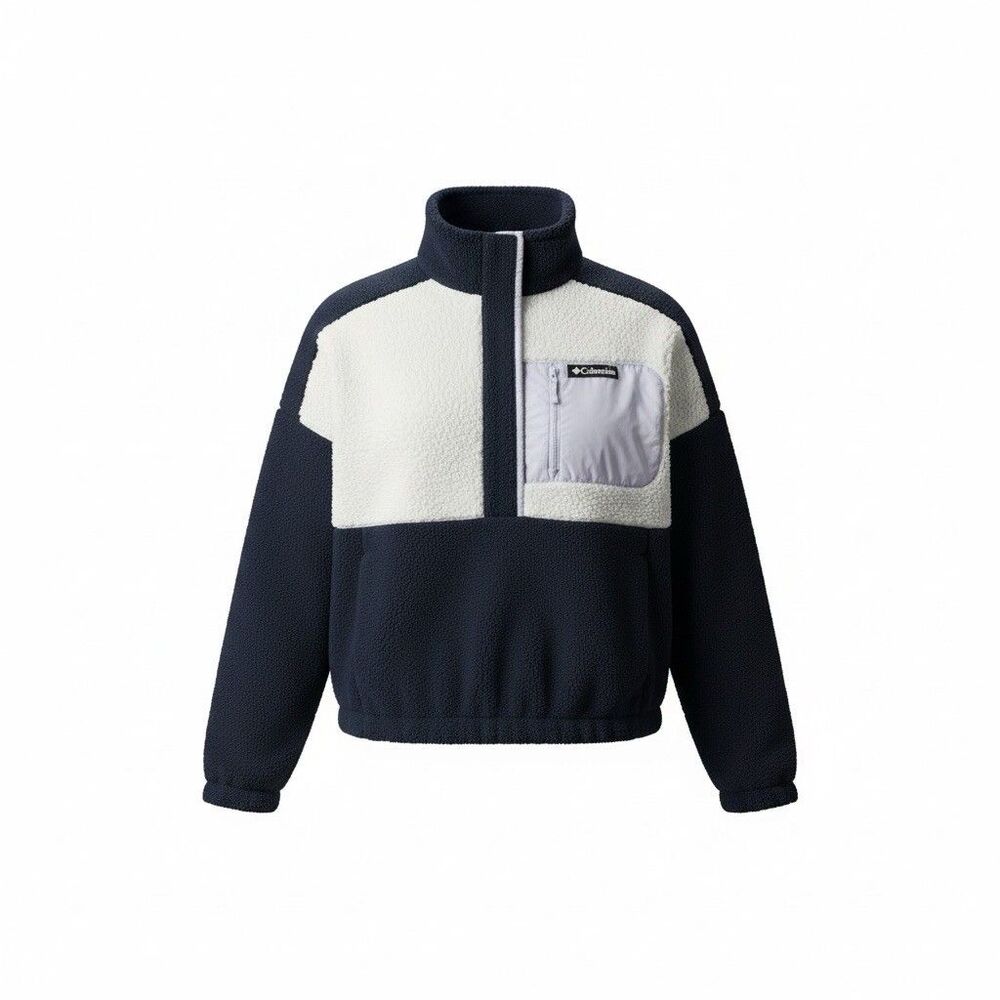 Columbia Colorblock Fleece Pullover Sweater Navy White XXL Mock Neck Pocket‎